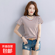 純棉女士t恤V領(lǐng)短袖時(shí)尚夏季洋氣上衣百搭短款橫條紋修身顯瘦潮 磚紅色 2XL