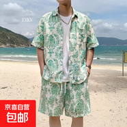 夏威夷襯衫短褲男套裝港風(fēng)夏季薄款海邊度假沙灘短袖花襯衣兩件套 3640綠（套裝） 2XL