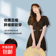 胖mm泳衣套裝新款保守加肥加大碼帶鋼托連體聚攏顯瘦遮肚溫泉泳裝 黑色 2XL (建議120-140斤）