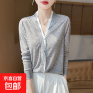 2025夏季新款細膩針織V領假兩件開衫女士薄款拼色防曬衫/RWM33-X 柔霧灰 2XL 135-150斤