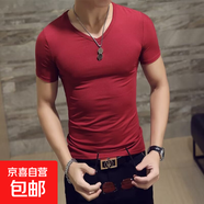 妄潮大碼短袖t恤男士半袖修身內搭純色打底衫簡(jiǎn)約健身長(cháng)袖t恤上衣 【純色短TV領(lǐng)】酒紅色 2XL 建議體重130-140斤