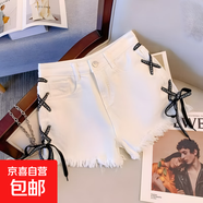高腰牛仔短褲女寬松夏季韓版大碼胖mm薄款顯瘦a字闊腿綁帶熱褲 白色 5XL