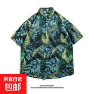 東南亞夏威夷短袖花襯衫五分袖男女同款情侶沙灘度假夏季碎花襯衣 5116黑色 M