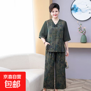 中式套裝母親節胖媽媽夏季中袖國風(fēng)兩件套中老年寬松加肥套裝 綠色套裝 5XL 建議155-170斤