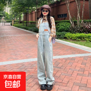 減齡氣質(zhì)美式鹽系復古牛仔背帶褲女秋冬新款大碼設計感連體長(cháng)褲子 藍色徽章牛仔背帶褲單件 2XL碼（建議125-140斤）