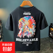 夏季潮牌后背卡通涂鴉字母短袖純棉T恤男寬松圓領體衫上衣半袖MB J603黑色 L