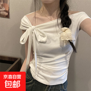 純欲風一字肩露肩t恤女裝夏季小個子設(shè)計感小眾綁帶短款辣妹上衣 白色 M