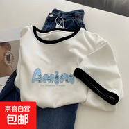 【店鋪熱銷(xiāo)】歐貨撞色正肩短袖T恤女夏季新款寬松時(shí)尚印花白色多 68款黑領(lǐng)【高品質(zhì)】 M  建議90-105斤
