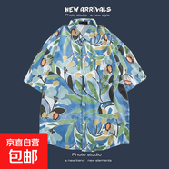 港風(fēng)三亞夏威風(fēng)短袖花襯衫沙灘套裝 戶(hù)外旅游情侶款休閑寬松外套 1189藍色 L