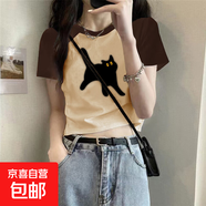 純棉短款撞色短袖t恤女夏季2025新款內搭體恤辣妹外穿插肩上衣038 0229純杏拼黑 S 建議90斤以下