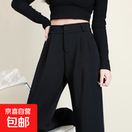 闊腿褲女春夏季黑色高腰垂感顯瘦百搭窄版寬松直筒休閑拖地西裝褲 黑色【夏季薄款】-小個子款 M