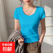 重磅純棉短袖t恤女半袖打底衫修身百搭顯瘦圓領收腰上衣t恤衫短款 湖藍色 L 建議：115-125