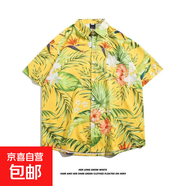 東南亞夏威夷短袖花襯衫五分袖男女同款情侶沙灘度假夏季碎花襯衣 5117黃色 2XL