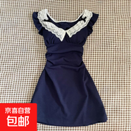 法式氣質(zhì)蕾絲小飛袖連衣裙子女裝夏季2025新款小個(gè)子收腰A字短裙 藏藍(lán)色 S /40/45kg