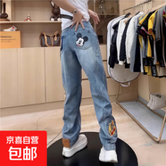 大碼卡通彎刀褲闊腿牛仔褲女2025春秋新款寬松顯瘦鐮刀褲胖妹妹mm 藍色 XL