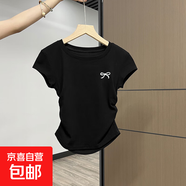 純棉螺紋短袖t恤女設計感褶皺夏季新款修身收腰顯瘦正肩上衣女885 黑色0245蝴蝶結印花 L 建議100-110斤