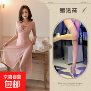 新款性感辣妹鏤空顯瘦中長(cháng)款連衣裙內袍睡衣高腰開(kāi)衩 膚色+白網(wǎng)襪  556 均碼