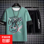 嘻哈T恤短袖男夏季薄款港風(fēng)半袖ins潮流百搭體恤潮牌超火寬松套裝 赤兔-W01鬼臉短褲套裝【綠色】 3XL 【145-160斤】