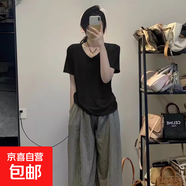 垂感寬松重磅莫代爾V領(lǐng)短袖t恤女夏季2025新款百搭體恤女上衣891 黑色 M
