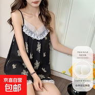 帶胸墊睡衣女云朵棉夏季新款甜美花邊性感吊帶短褲2025年兩件套 839#黑色雪花 L