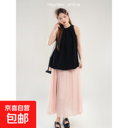 藍(lán)色無袖掛脖襯衫t恤女2025年夏季新款吊帶壓褶顯瘦露肩上衣裙子 黑色 XL
