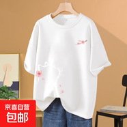 黑色短袖t恤女2025爆款夏季大碼女裝寬松220克純棉上衣服 2218白-看花貓咪K+右下 2XL