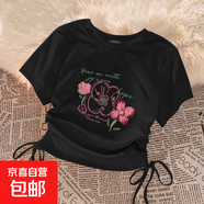 新中式女童純色短款上衣夏季兒童洋氣薄半袖中大童抽繩設計款短袖 黑色 四花瓣 160