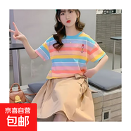 女童短袖彩色條紋t恤夏季2025新款兒童裝中大童夏裝女孩半袖體恤 條紋藍(lán)色 條紋藍(lán)色 150 cm