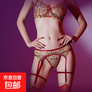 刺繡碎花性感透視套裝蕾絲文胸性感吊襪帶女士內(nèi)衣腿環(huán)情趣內(nèi)衣女 紅色 XXL