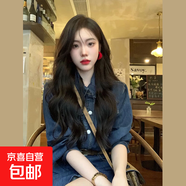減齡氣質(zhì)法式復(fù)古牛仔連衣裙女秋冬大碼胖妹妹mm收腰顯瘦背帶短裙 藍(lán)色長袖牛仔連衣短裙一整套 L