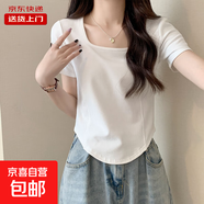 短袖T恤女夏季不規則V領(lǐng)胖mm顯瘦正肩短款魚(yú)骨上衣打底KJY#A018# A009#白色（方領(lǐng)魚(yú)骨） L 【97-109斤】