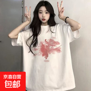 夏季印花短袖t恤女2025夏季新款寬松學(xué)生港風(fēng)半袖百搭夏季T恤衫P 五分袖短T紅云 M