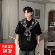 港風(fēng)假兩件上衣短袖男士夏季2025新款寬松休閑上衣披肩格子穿搭 黑色 2XL