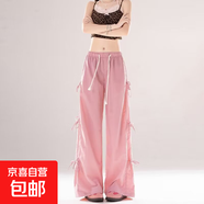 甜酷辣妹設計感蝴蝶結工裝褲女春秋復古顯瘦寬松休閑直筒闊腿長褲 粉色 【MY-K51】 2XL