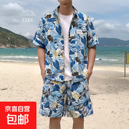 夏威夷襯衫短褲男套裝港風(fēng)夏季薄款海邊度假沙灘短袖花襯衣兩件套 3614藍（套裝） 2XL