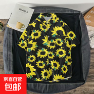 度假短袖碎花襯衫男女夏季薄款潮牌復(fù)古寬松休閑潮流痞帥情侶襯衣 1130黑色 2XL