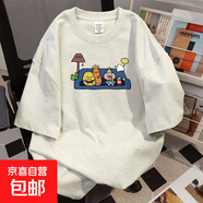 純棉美式復(fù)古個性卡通短袖t恤女款夏季小眾寬松半袖學院風上衣潮 白灰色【220g精梳純棉】 XL