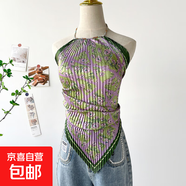 油畫上衣女夏季新款海邊度假辣妹掛脖吊帶小背心短款小上衣絲巾 DD7001-優(yōu)雅紫 均碼