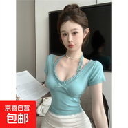 湖藍色蕾絲花邊掛脖上衣女純欲辣妹V領(lǐng)短袖打底衫短款蝴蝶結T恤女 湖藍色 L