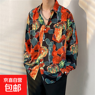 港風(fēng)vintage花襯衫男女復(fù)古夏威夷痞帥寬松情侶長袖襯衣潮牌外套 灰色 2329黑色 XL