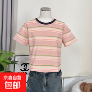 百搭減齡簡(jiǎn)約撞色休閑條紋T恤寬松顯瘦純棉短袖女裝上衣#YH1130 粉紅色 M （70-95斤）