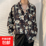 港風(fēng)vintage花襯衫男女復古夏威夷痞帥寬松情侶長(cháng)袖襯衣潮牌外套 玫紅色 2331黑色 L