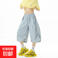 多巴胺刺繡速干短褲男女夏戶外山系闊腿七分褲子寬松運(yùn)動(dòng)休閑中褲 淺藍(lán)色 薄款 高品質(zhì) XL 建議125-140斤