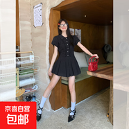 學(xué)院風(fēng)白色泡泡袖襯衫連衣裙女夏季氣質(zhì)收腰小個(gè)子甜美短裙 黑色 L