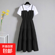 2025夏季大碼女裝時(shí)尚吊帶假兩件長(zhǎng)裙胖妹妹收腰顯瘦短袖連衣裙女 黑色 M