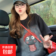 美式復古短袖t恤女夏季新款潮牌歐貨寬松減齡卡通洋氣設(shè)計感上衣 黑色 XL  建議125-140斤