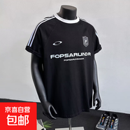 夏季美式t恤短袖男hiphop街頭潮牌條紋拼接上衣三條杠半袖體恤衫 黑色 2XL
