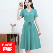 媽媽夏季連衣裙中年女新款休閑氣質(zhì)收腰顯瘦時(shí)尚高檔洋氣短袖裙子 藍(lán)色 3XL 110-120斤左右