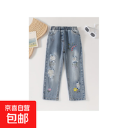 甜美刺繡花紋破洞兒童牛仔長褲女童童裝 寶藍(lán)色 140