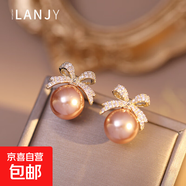 蝴蝶結閃鉆仿珍珠耳釘女韓國高級感耳環(huán)百搭氣質(zhì)精致耳飾 粉色